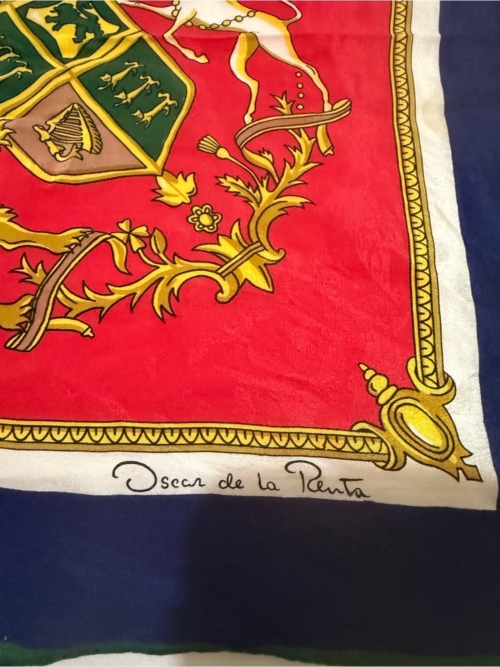 Oscar de la Renta Navy, Red, Green and Gold Medallion Silk Scarf - Picture 2 of 5